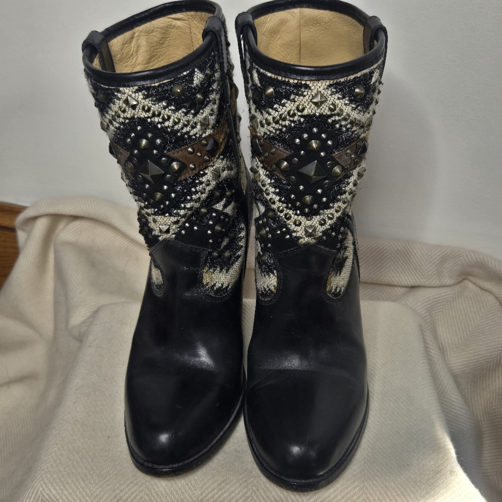 FRYE Black Leather Studded Tapestry Short Boots 9.5 EUC
